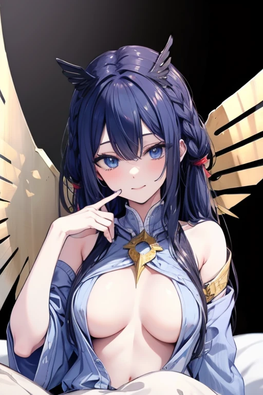 Black hair, blue eyes, large breast, sexy, beautiful body, bed, Masterpiece, angel, white wings, smile, nude, naked, nipples