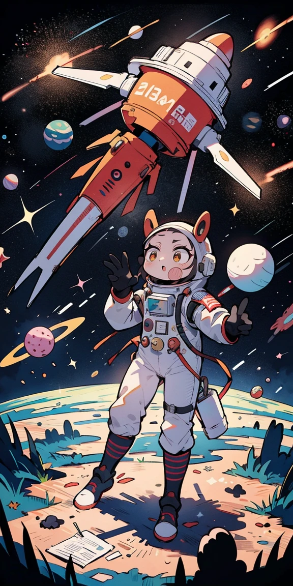 Absurd resolution, high resolution, (obra de arte:1.4), ultra-detalhado, 1 garota, in spacesuit, Visto de cima, space, flutuando, satellite, pose de corrida, wide-angle lens distortion