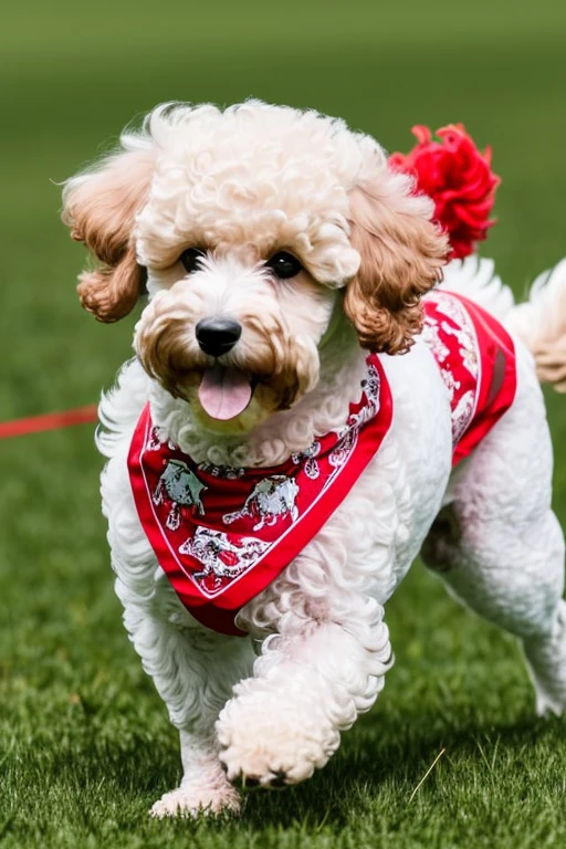  dog  poodle grande com pelos tosado no estilo tosa continental,
 with a red bandana around his neck running fast on flowery grass