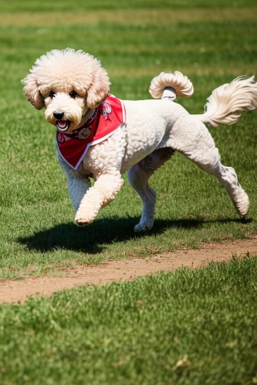  dog  poodle grande com pelos tosado no estilo tosa continental,
 with a red bandana around his neck running fast on flowery grass