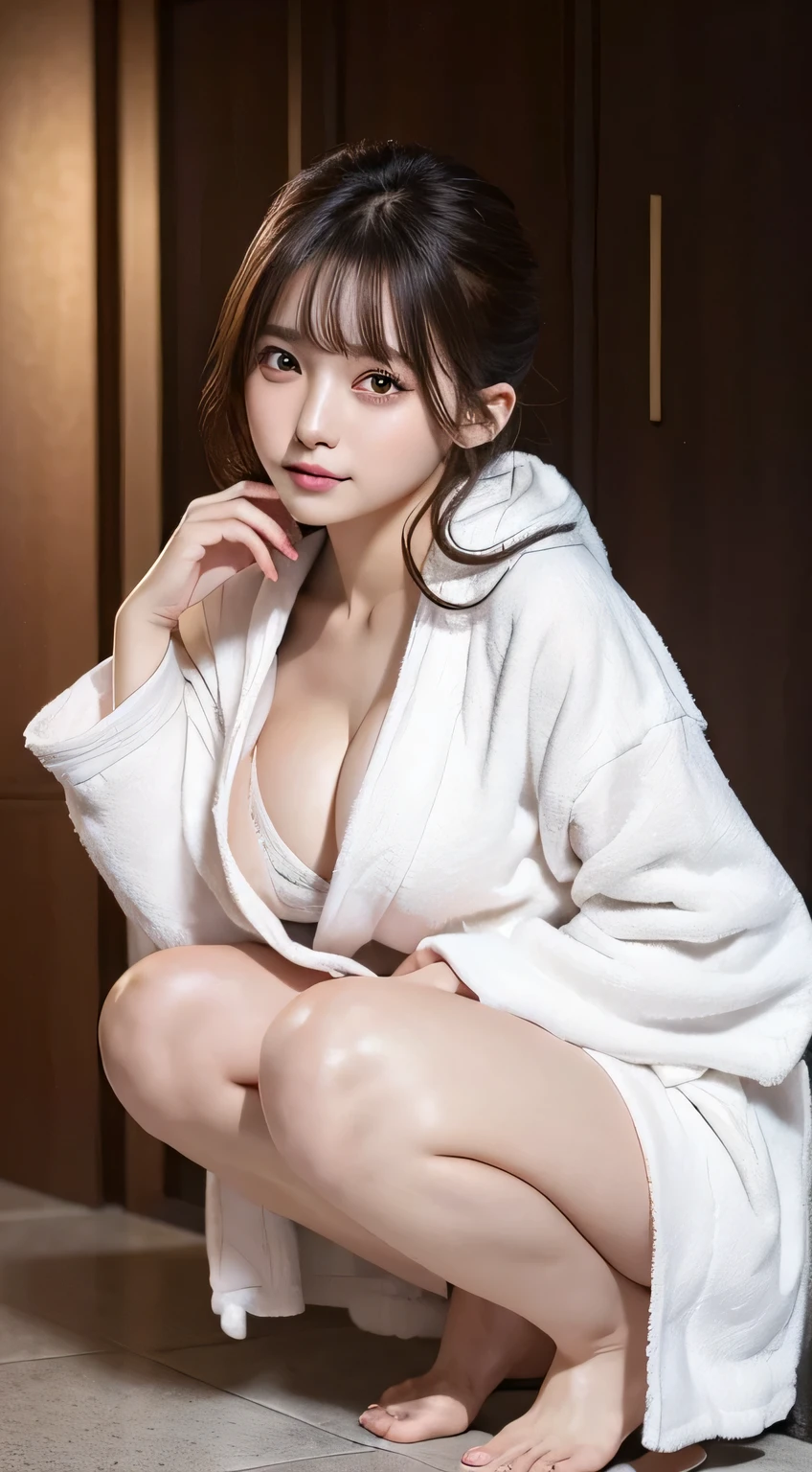 innocent 18 year old girl、((random color bathrobe,dramatic pose)),cute face,bright eyes,tear bag,shy smile,shortcut,background in a hotel,RAW photo, (8K、highest quality、masterpiece:1.2)、(intricate details:1.4)、(realistic:1.4)、octane rendering、Intricate 3D rendering Super detaileded, soft light in the studio, rim light, vivid details, Super detailed, realistic skin texture, face, beautiful detailed eyes, Highly detailed CG Unity 16k wallpaper, compensate, (detailed background:1.2), shiny skin, whole body、Draw from head to foot,I can see the cleavage,((Squat with your knees bent,M-shaped legs))