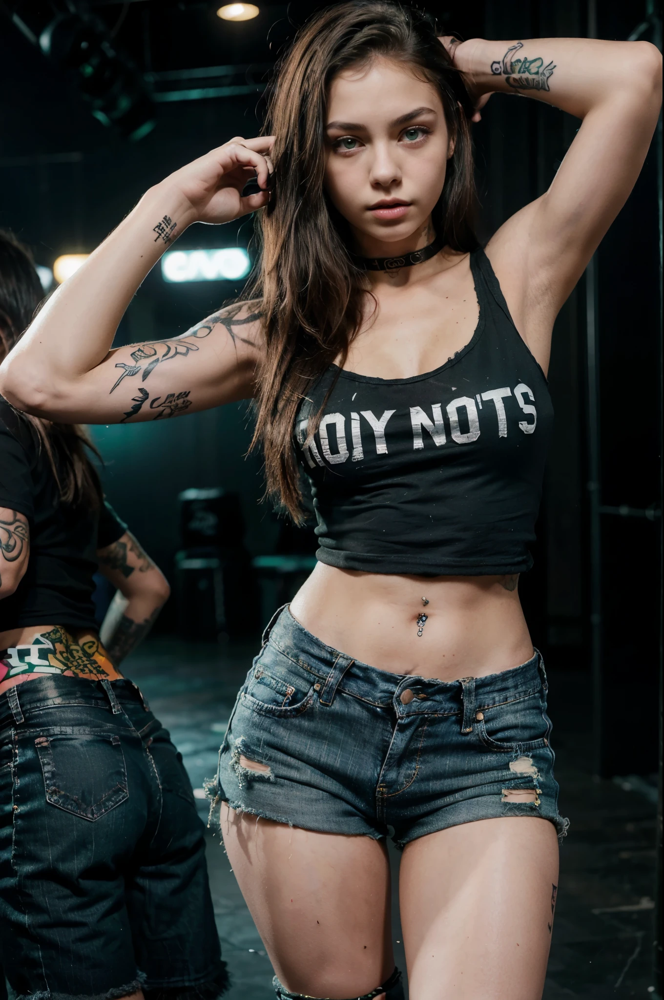 young girl, (), (perfect face), fit body (covered in tattoos), (style: rocker), (with green eyes color), (full body only), (wearing: black band t-shirt, ripped jean shorts ), underboob, sitting, legs apart, drinking beer, (black, short, straight hair), (medium, rounded breasts), (in the background, rocker style night club).