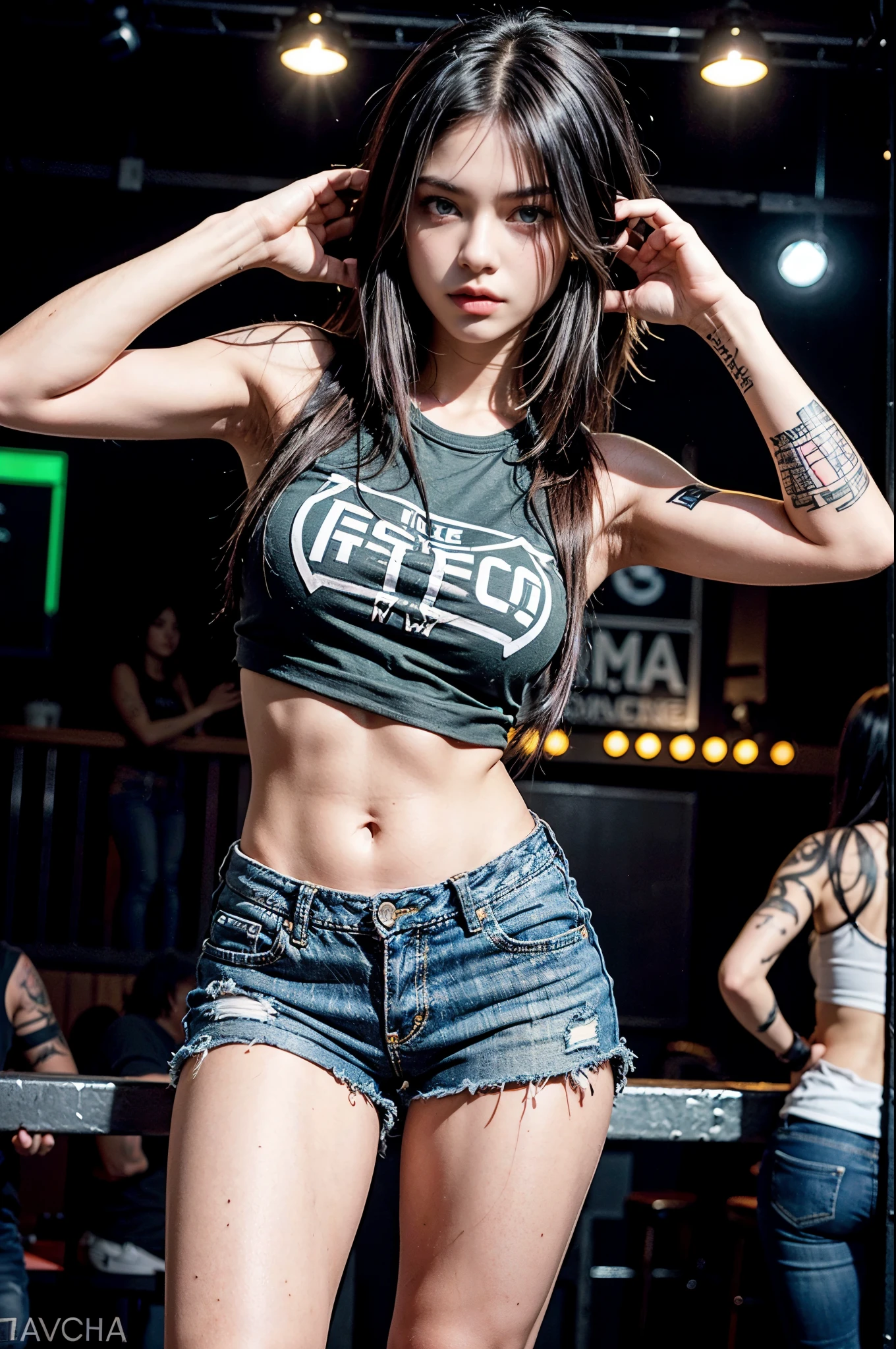 young girl, (), (perfect face), fit body (covered in tattoos), (style: rocker), (with green eyes color), (full body only), (wearing: black band t-shirt, ripped jean shorts ), (purple, short, straight hair), (medium, rounded breasts), (in the background, rocker style night club).