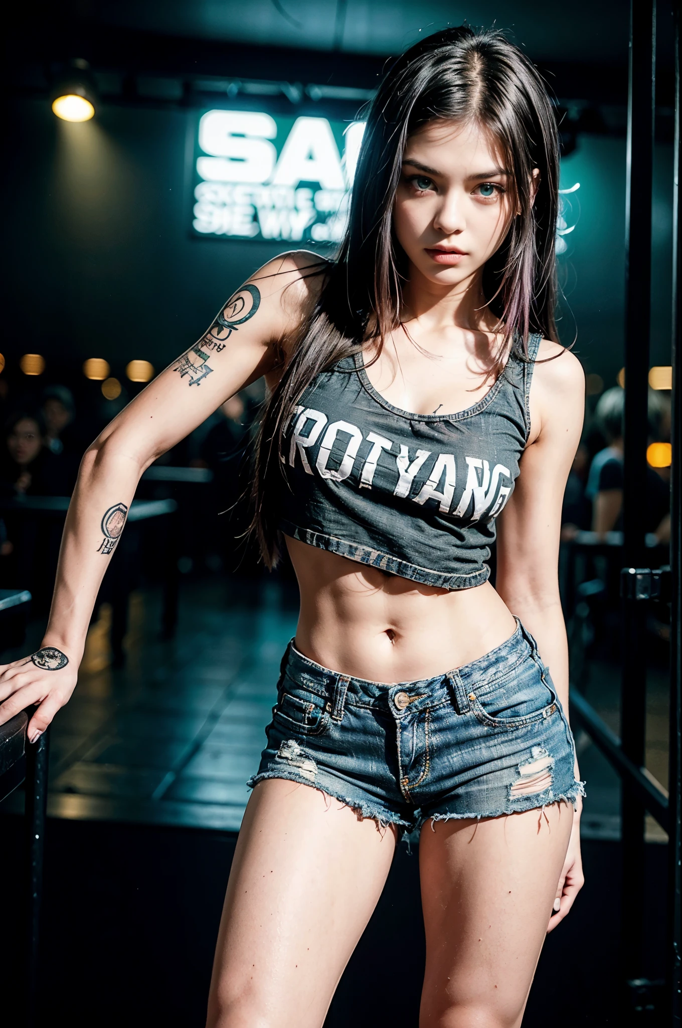 young girl, (), (perfect face), fit body (covered in tattoos), (style: rocker), (with green eyes color), (full body only), (wearing: black band t-shirt, ripped jean shorts ), (purple, short, straight hair), (medium, rounded breasts), (in the background, rocker style night club).