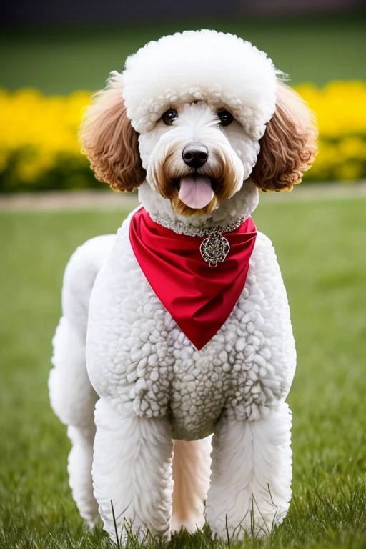 dog  poodle grande com pelos tosado no estilo tosa continental,  Continental grooming Continental grooming is elegant and refined. Nesse estilo, the leg areas, tail and face are shaved very short, while the coat is kept long on the body. Pompoms are left at the ends of the legs and at the base of the tail. O focinho pode ter um topete ou ser tosado curto. This haircut is popular in beauty competitions.,
 with a red bandana around his neck running fast on flowery grass