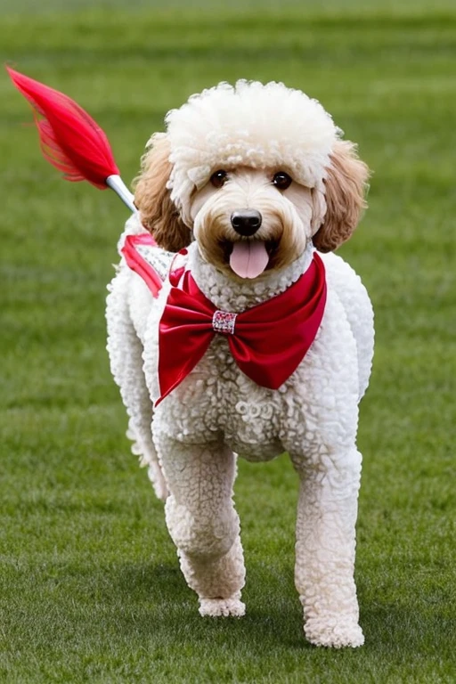 dog poodle grande com pelos tosado no estilo tosa continental, Continental grooming Continental grooming is elegant and refined. Nesse estilo, the leg areas, tail and face are shaved very short, while the coat is kept long on the body. Pompoms are left at the ends of the legs and at the base of the tail. O focinho pode ter um topete ou ser tosado curto. This haircut is popular in beauty competitions.,
with a red bandana around his neck running fast on flowery grass