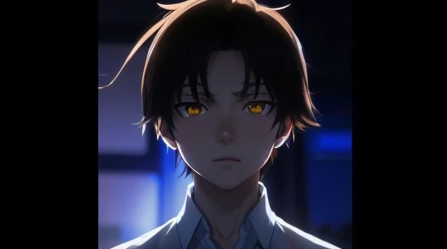 ultra realistic picture of anime male character Ayanokouji Kiyotaka, 17 years, standing, brown curtain messy hair, dark yellow eyes, glowing eyes, flat face, no expression, intimidating luminous eyes, flat eyebroes, wear school shirt, white shirt with blue tie, dark situation, shadowing character, anime character, classroom of the elite, blurry background,focused subject, detailed skin texture,Extreme detailed face,realistic hair, ultra quality rendering,