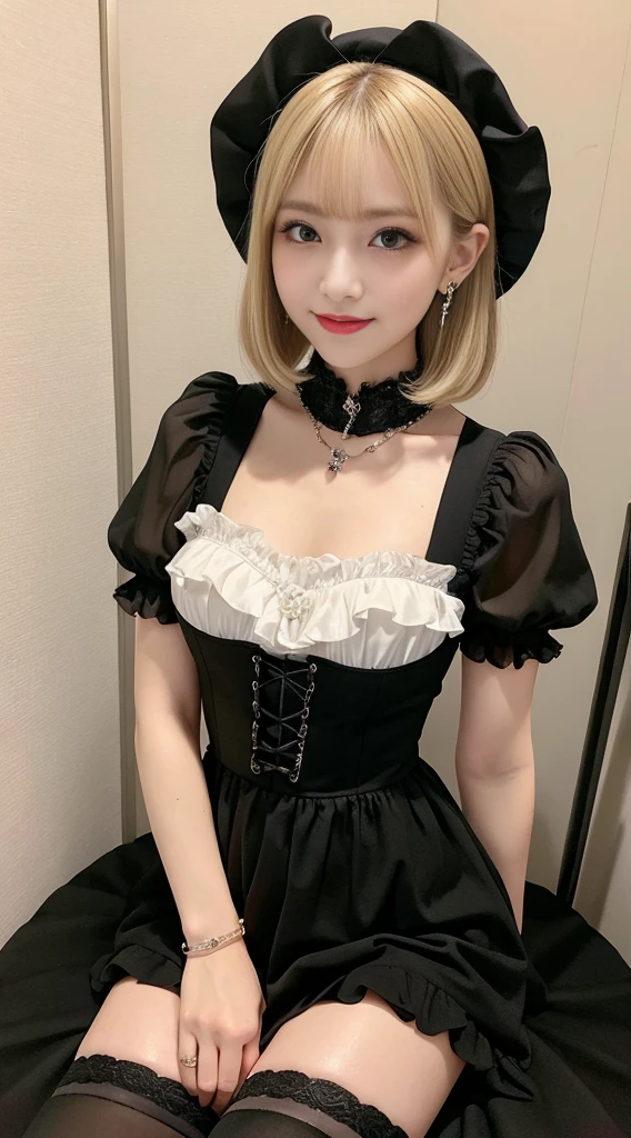 high resolution、High definition、Super detailed、Details are clearly visible、blonde、short bob、Large double eyelids、big tear bag、false eyelashes、earrings、gothic ta clothes、gothic lolihion、Outstanding style、body whole、body wholeを写して、boots、knee high socks、stand、selfie、Selfie style、like the photo、beautiful woman、cute、smile、necklace、bracelet、indoor、Adequate indoor lighting、plump style