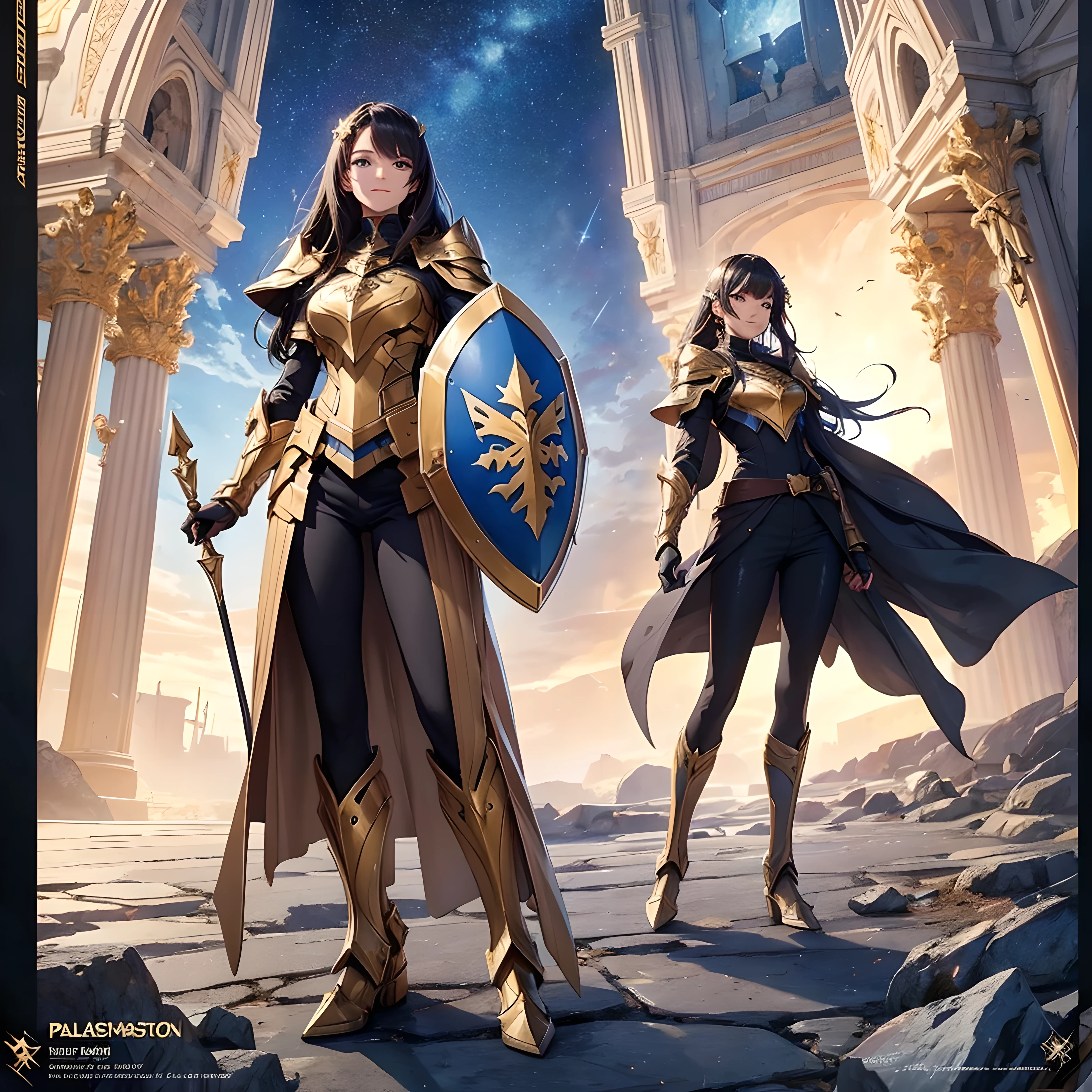 ((Masterpiece, Highest quality)), Detailed face, Character Design Sheet, full body, Full of details, Multiple poses and expressions, multiple hairstyle, smile, Highly detailed, Depth, Many parts, Beautiful paladin girl, holding a shield, big shield, Extremely beautiful, High Balance, Natural light, Lance, loose pant, black in color, starry sky, Star decoration, paladin costume, paladin concept art