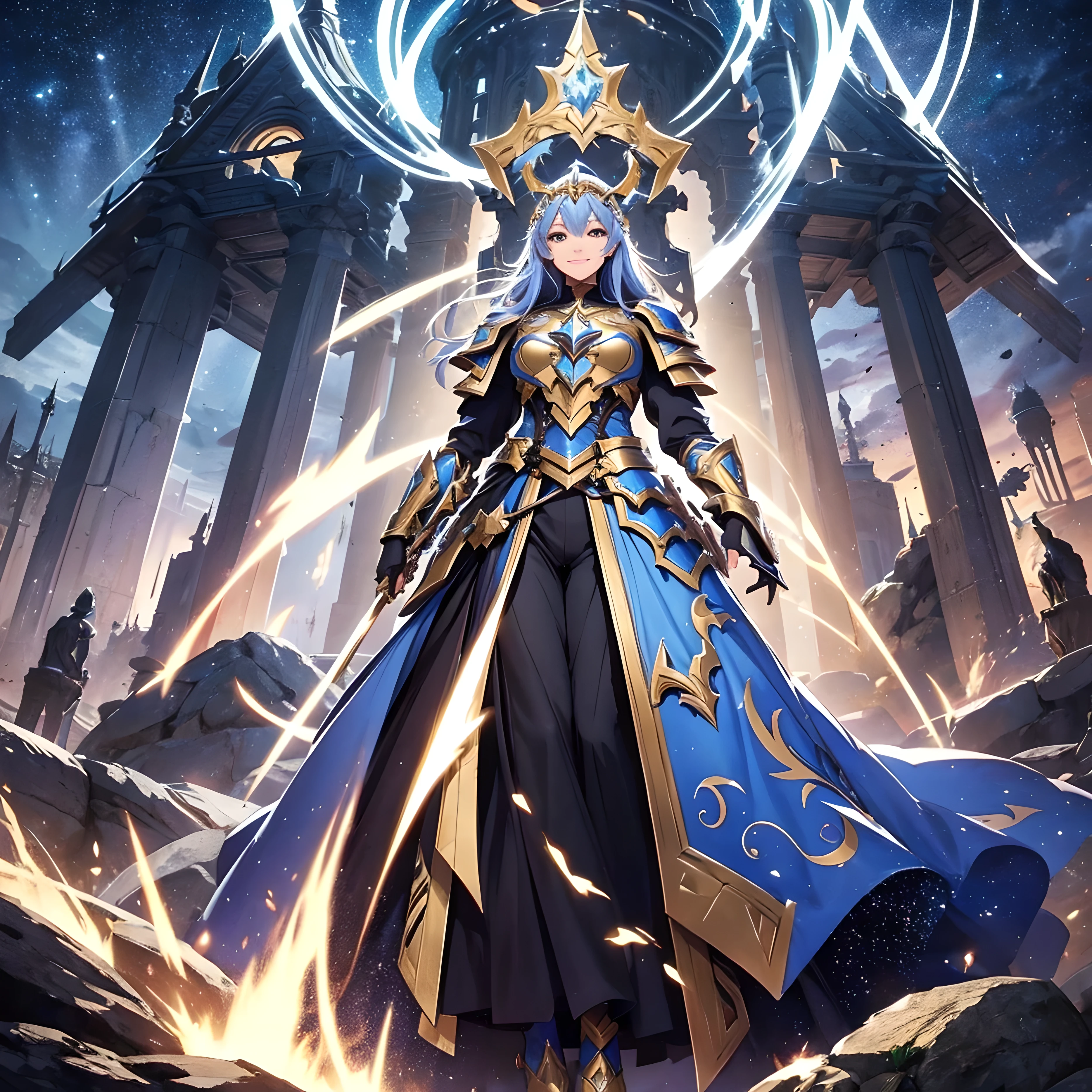 ((Masterpiece, Highest quality)), Detailed face, Character Design Sheet, full body, Full of details, Multiple poses and expressions, multiple hairstyle, smile, Highly detailed, Depth, Many parts, Beautiful paladin girl, holding a shield, big shield, Extremely beautiful, High Balance, Natural light, Lance, loose pant, black in color, starry sky, Star decoration, paladin costume, paladin concept art