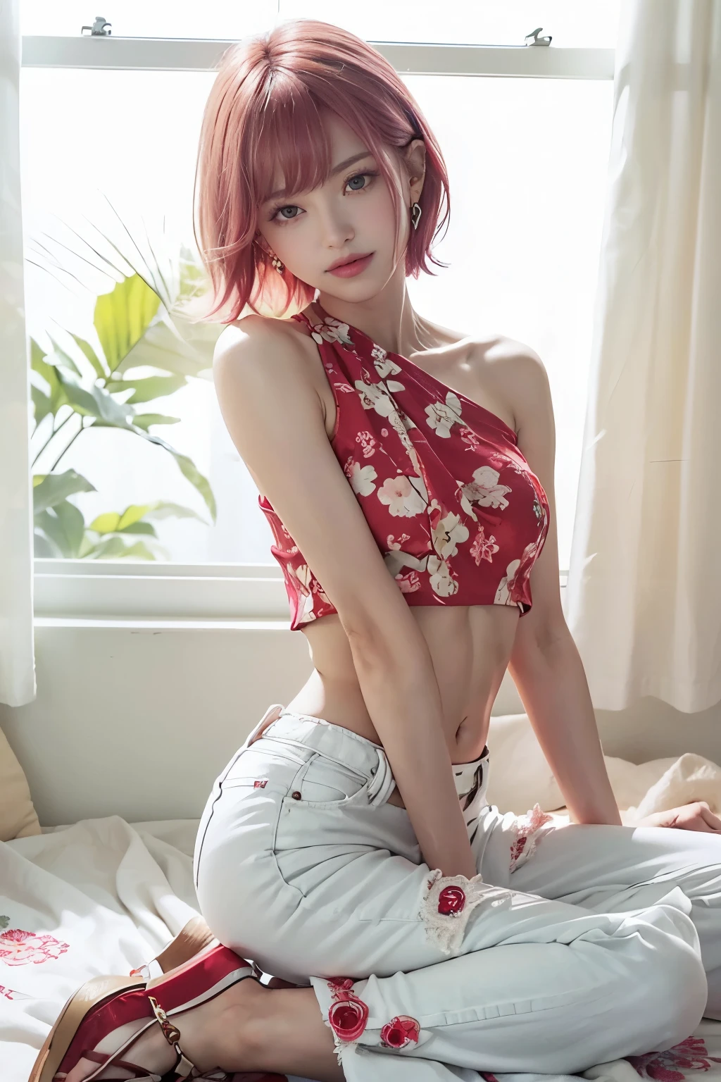 (8K, top-quality, masterpiece:1,2), (reallistic, Photorealsitic:1.37), Super Detail, One girl,), (Highly detailed), (beautifully detailed eyes), (of the highest quality), (super detailed ), (masterpiece), (Detailed face),20yr old, ,1 girl, ((pink hair,Very short hair)), medium breasts, clothed, Perfect Lighting, BREAK (red theme:1.5), (one-shoulder sleeveless (red crop top):1.4), (navel:1.3),
BREAK (white theme:1.3), (white denim bell bottoms pants:1.3), (ankle:1.3), (heeled sandals:1.2),
BREAK (earrings:1.2),
(bangs on left side:1.3), (ear on right side:1.3), (fluffy hair:1.2), smiling, (sparkling eyes:1.3), (no teeth:1.2), (right hand on waist:1.3), (left hand behind head:1.3), (chest out:1.2), (belly in:1.2), (right leg forward:1.3), (left leg backward:1.3), (legs 45 degrees:1.2), (white wall:1.2), (red floral curtain:1.4), (sunlight through curtain:1.3), (warm light on hair and top:1.3), (cool light on pants and sandals:1.3)