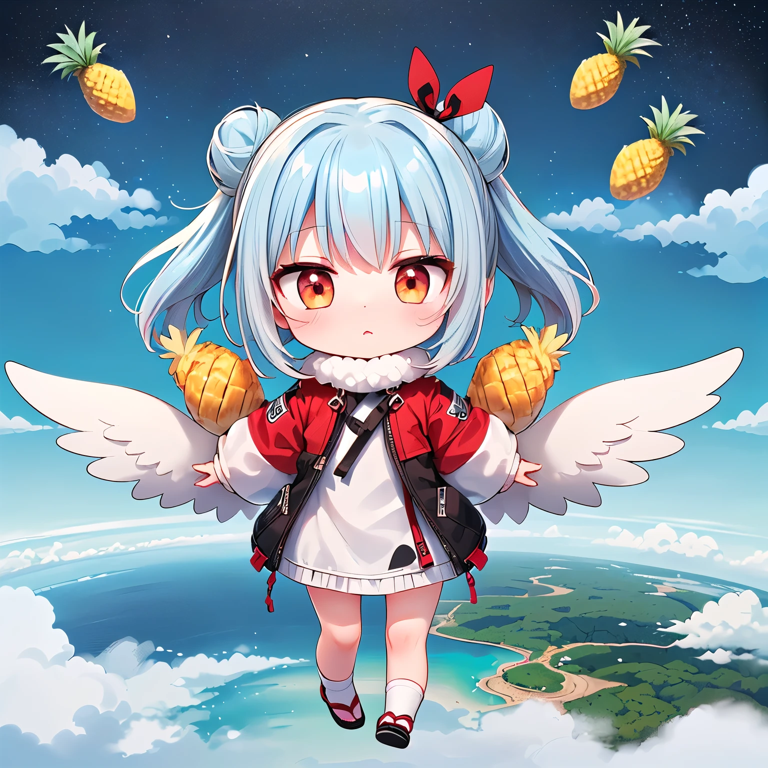 ((Chibi, Miniature, REAL, Pineapple, 3DCG, 1 girl: 1.3)), (Masterpiece, almond-shaped eyes, glossy white-blue hair, short chignon hair, top quality, meticulously drawn limbs Fingertips, warm clothes, smooth and beautiful skin: 1.3), (red cheeks, fluffy clothes,  Indifferent, expressionless,full body,: 1.2), (In Chibi Tengu's daily life, he enjoys the scenery while flying through the sky with his tiny wings. One of them is soaring high into the sky and playing through the clouds. The other Chibi Tengu are having fun creating tornadoes in the wind. The expanse of the sky colors their daily lives.:1.2)