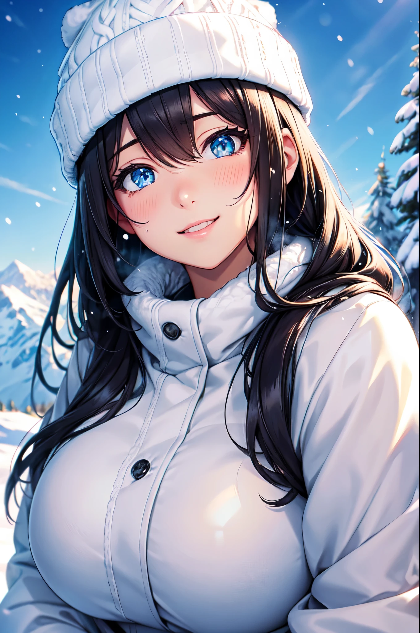 (High quality, High resolution, Fine details), Realistic, Snowy Mountains, clear weather, knitted hat, BREAK winter clothes, down jackets, solo, curvy women, sparkling eyes, (Detailed eyes:1.2), smile, blush, (hot breath:1.2), Sweat, Oily skin, shallow depth of field
