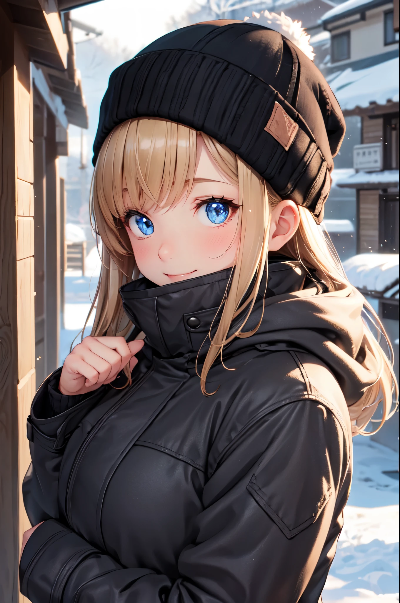 (High quality, High resolution, Fine details), Realistic, Snowy Mountains, clear weather, knitted hat, BREAK winter clothes, Black down jackets, solo, curvy women, blond hair, sparkling eyes, (Detailed eyes:1.2), smile, blush, (hot breath:1.2), shallow depth of field