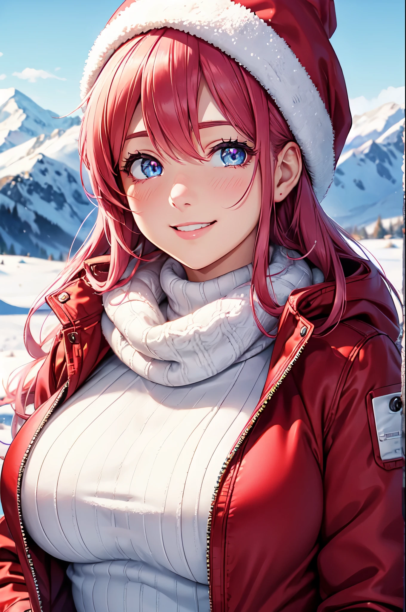 (High quality, High resolution, Fine details), Realistic, Snowy Mountains, clear weather, knitted hat, BREAK (Red down jackets), solo, curvy women, pink hair, sparkling eyes, (Detailed eyes:1.2), smile, blush, (hot breath:1.2), shallow depth of field
