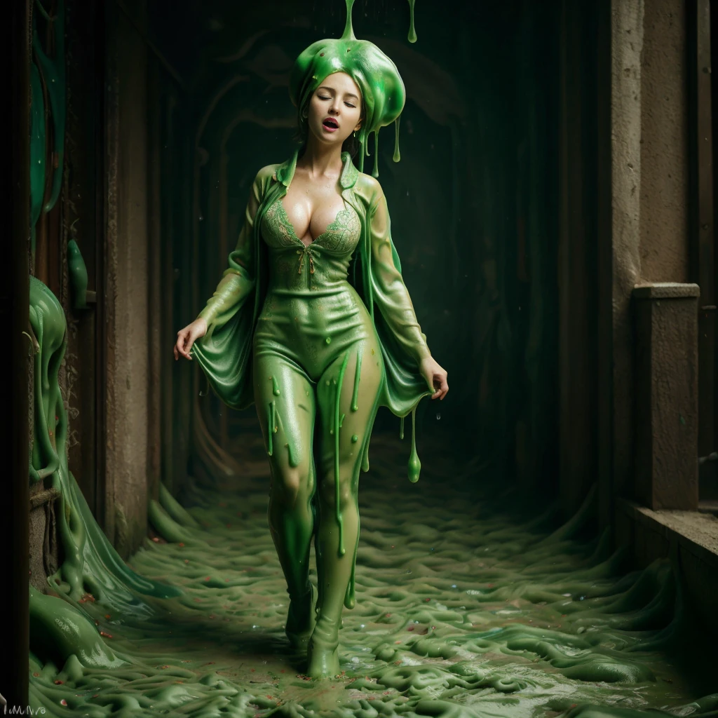 (full body shot), GreenSlimeAI, ultra high detail, [harsh flash], (bimbo) redhead woman, curvy, 60 years old, running, outside nightclub, chubby face, cheekbones, pretty, eyeshadow, blonde, (platform high-heels), lace bikini, corset, cleavage, saggy breasts, ((imperfect skin)), [wrinkles], ((perfect face)), black thigh-highs, natural breasts, (1woman:1.2), (nhjy, a woman in a kimono dress with a tree), open mouth, closed eyes, (ultra detailed skin texture, ultra detailed hair, ultra detailed lips, ultra detailed teeth, ultra detailed fingers, ultra detailed nose, real skin pores, moles on skin). (raining:1.3), (rain on face:1.2), wet body, wet face. (GreenSlimeAI), It's pouring rain. (YES SFW). Slime on head, slime in mouth, slime on body
