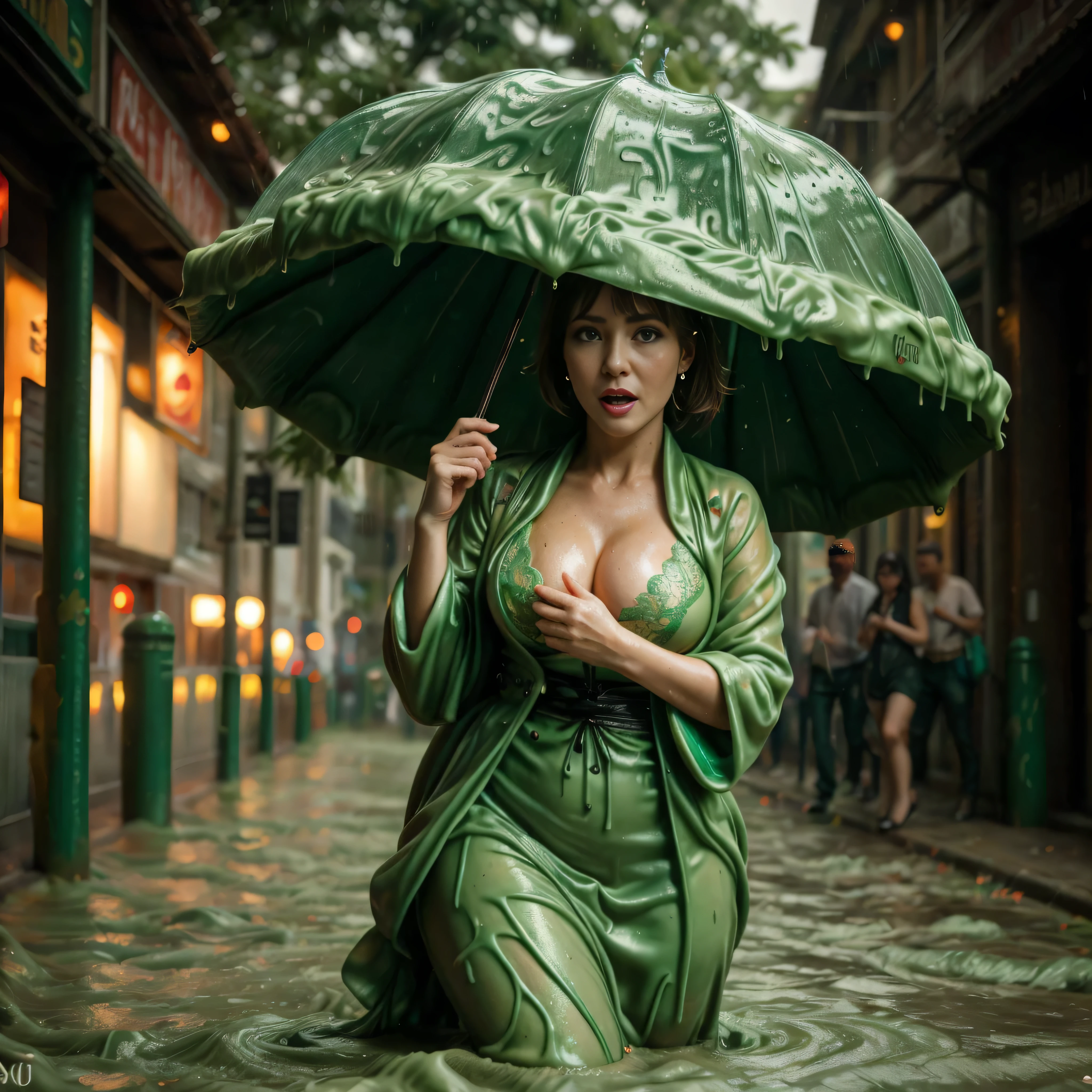 (full body shot), GreenSlimeAI, ultra high detail, [harsh flash], (bimbo) redhead woman, curvy, 60 years old, running, outside nightclub, chubby face, cheekbones, pretty, eyeshadow, blonde, (platform high-heels), lace bikini, corset, cleavage, saggy breasts, ((imperfect skin)), [wrinkles], ((perfect face)), black thigh-highs, natural breasts, (1woman:1.2), (nhjy, a woman in a kimono dress with a tree), open mouth, closed eyes, (ultra detailed skin texture, ultra detailed hair, ultra detailed lips, ultra detailed teeth, ultra detailed fingers, ultra detailed nose, real skin pores, moles on skin). (raining:1.3), (rain on face:1.2), wet body, wet face. (GreenSlimeAI), It's pouring rain. (YES SFW).
