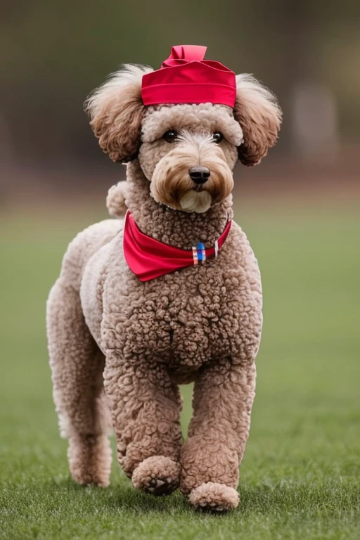  dog  poodle grande com pelos tosado no estilo tosa continental,  Poddle continental grooming With continental grooming it is elegant and refined. Nesse estilo, (((the leg areas, tail and face are shaved very short))), while the coat is kept long on the body. Pompoms are left at the ends of the legs and at the base of the tail. O focinho pode  ser tosado curto. This haircut is popular in beauty competitions.,
 with a red bandana around his neck running fast on flowery grass