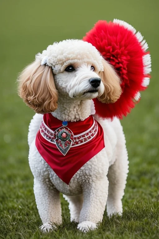 dog poodle grande com pelos tosado no estilo tosa continental, Poddle continental grooming With continental grooming it is elegant and refined. Nesse estilo, (((the leg areas, tail and face are shaved very short))), while the coat is kept long on the body. Pompoms are left at the ends of the legs and at the base of the tail. O focinho pode ser tosado curto. This haircut is popular in beauty competitions.,
with a red bandana around his neck running fast on flowery grass