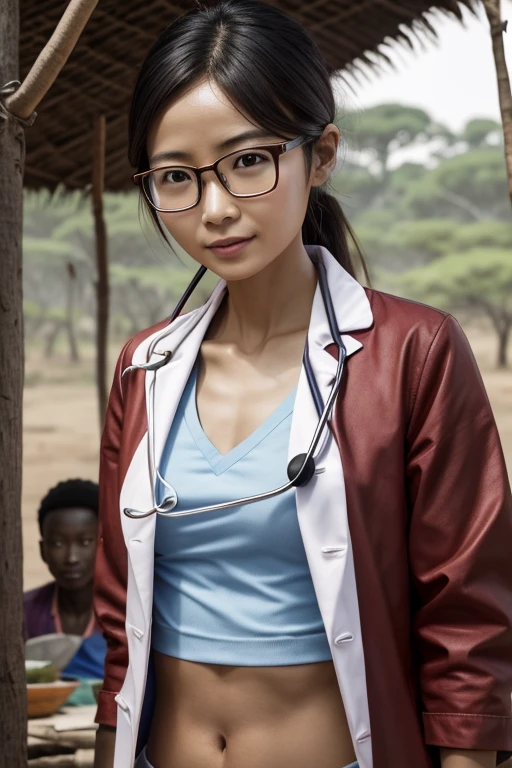 chinese doctor, 30yo, skinny, small breast, glasses, beautiful, wearing stethoscope, in the native african camp, check the native african man's health, with african native people, crowd, 4k, 8k, highres, best quality, realistic
