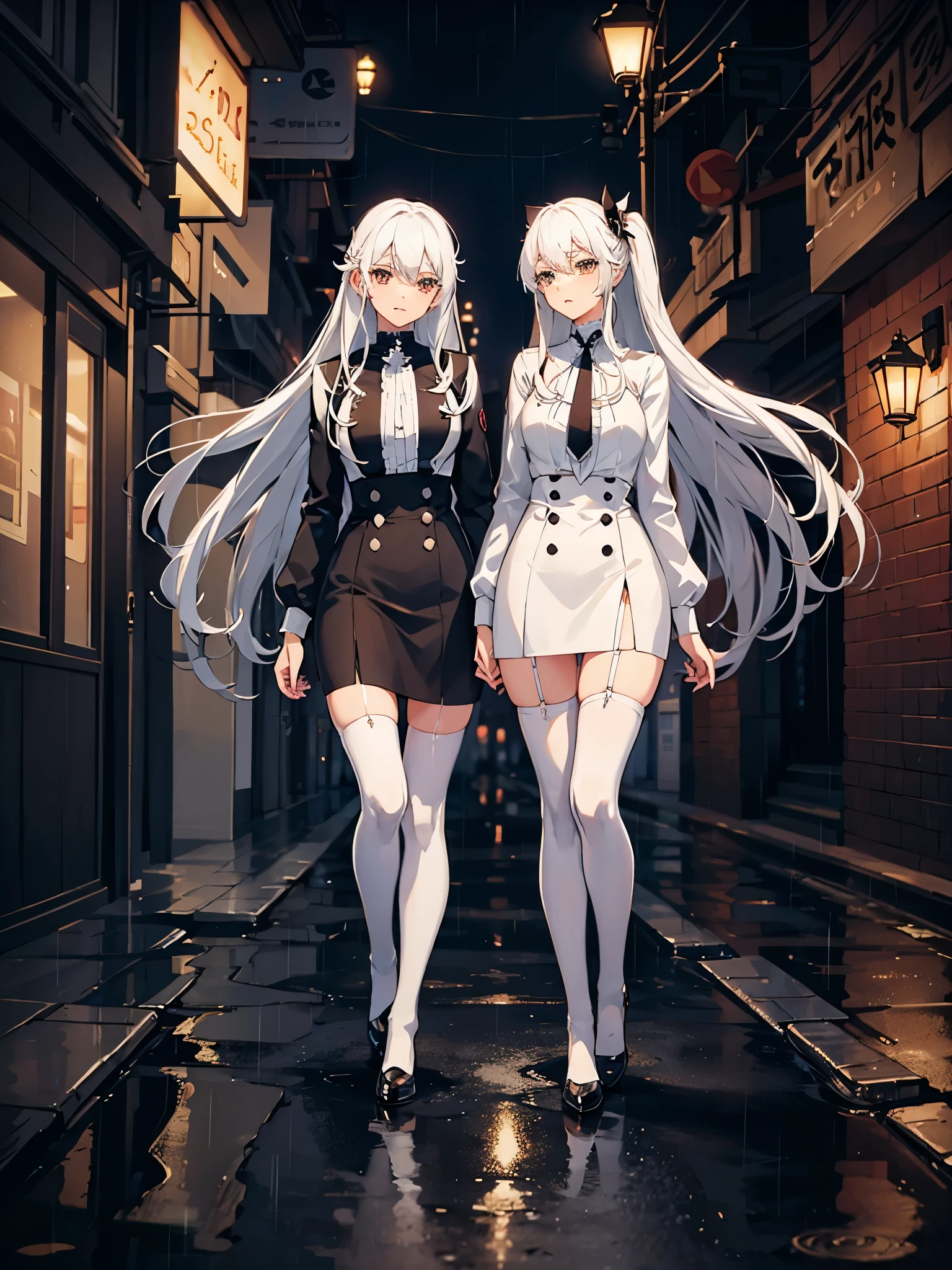 twins,white hair,stockings,mature female,rain,night city