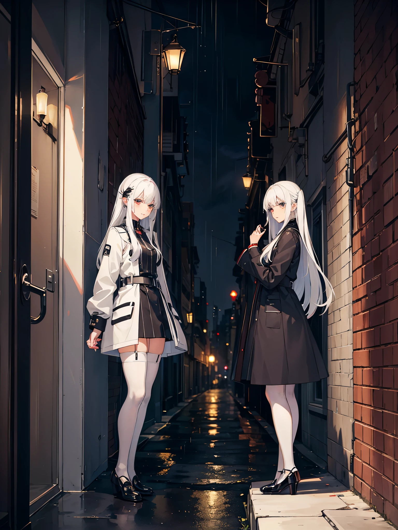 twins,white hair,stockings,mature female,rain,night city