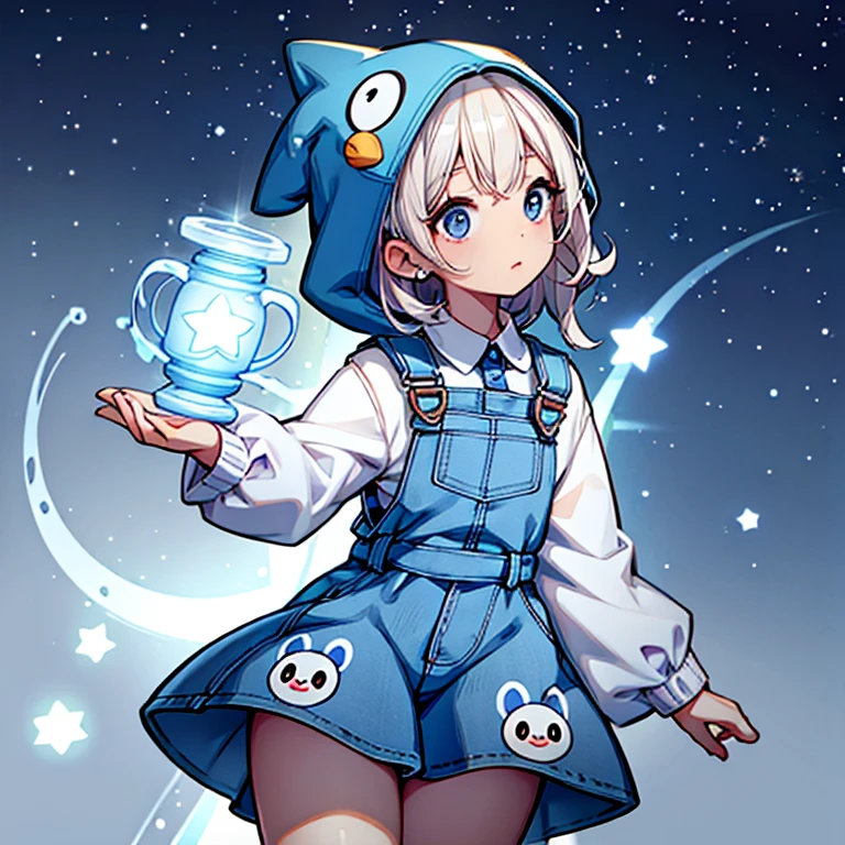 A girl with Pale white and platinum blonde curly hair wearing a blue penguin hood and light blue overalls with a striped blue and white shirt underneath and cute stars surrounding her