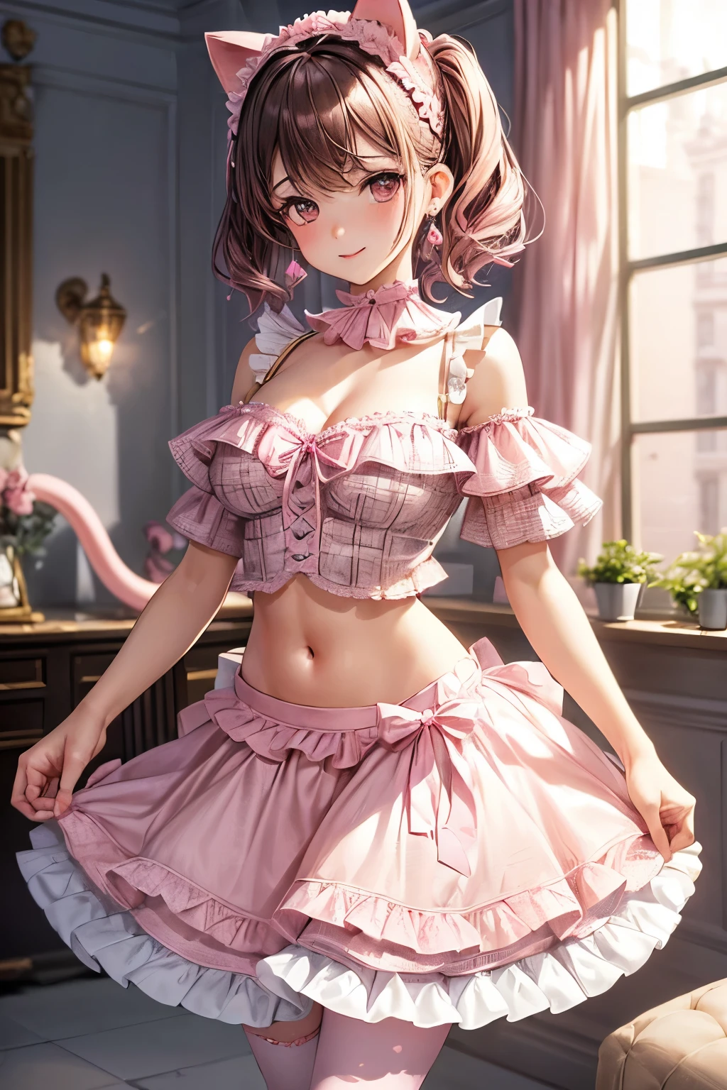 1girl, solo, masterpiece, best quality, high res, highly detailed, illustration, beatiful detailed eyes, yuigahama yui, single hair bun, glossy lips, light makeup, blush, looking at viewer, lips parted, standing, strapless corset, (see-through miniskirt), choker, bracelets, jewelry, blush