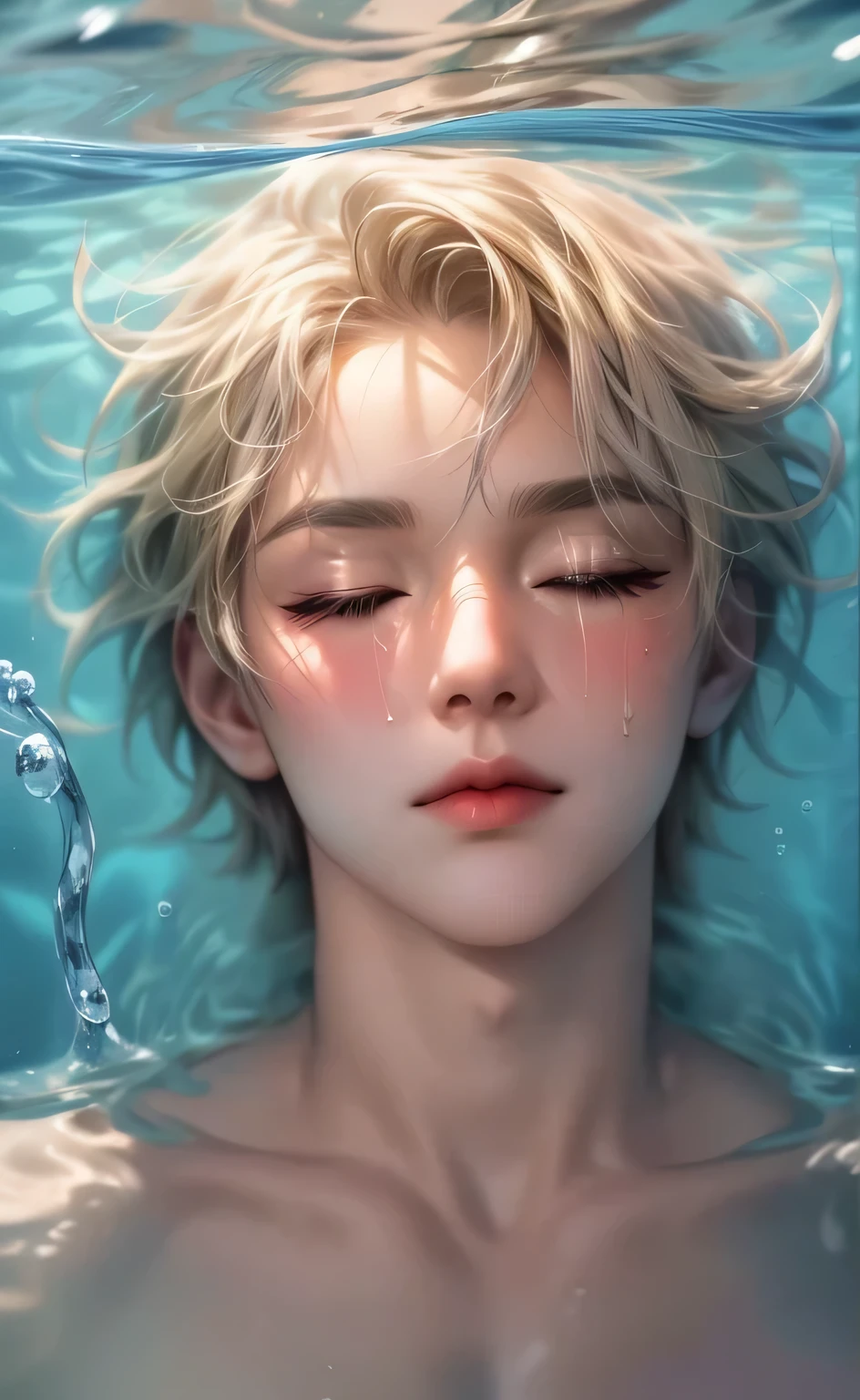 ((best quality)), ((masterpiece)), (detailed), perfect face, Man1,blond hair, underwater, Drowning, dying, tearful, Drowning하는, hurriedly, 