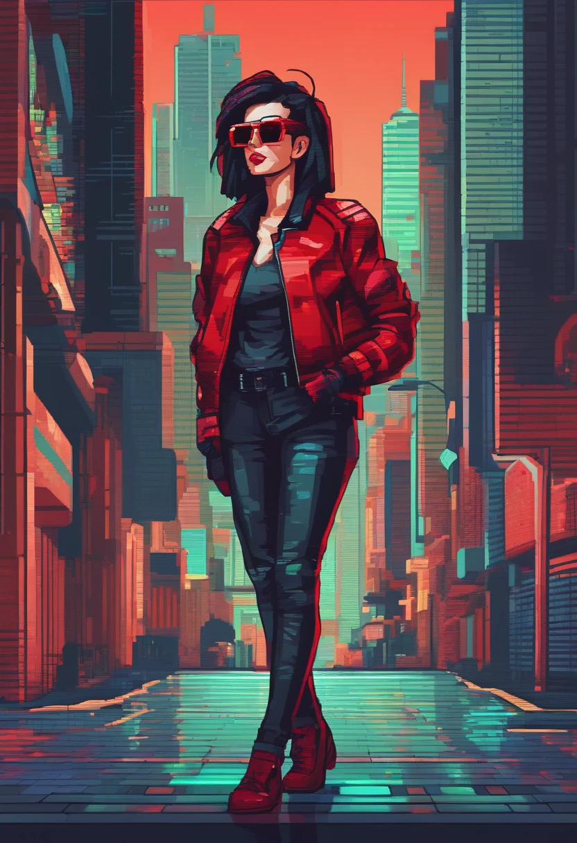 A woman in a leather jacket with red sunglasses and a city behind her, in the style of neon realism, charming characters, action paintings, gadgetpunk, solapunk, colorful street scenes, crimson and amber