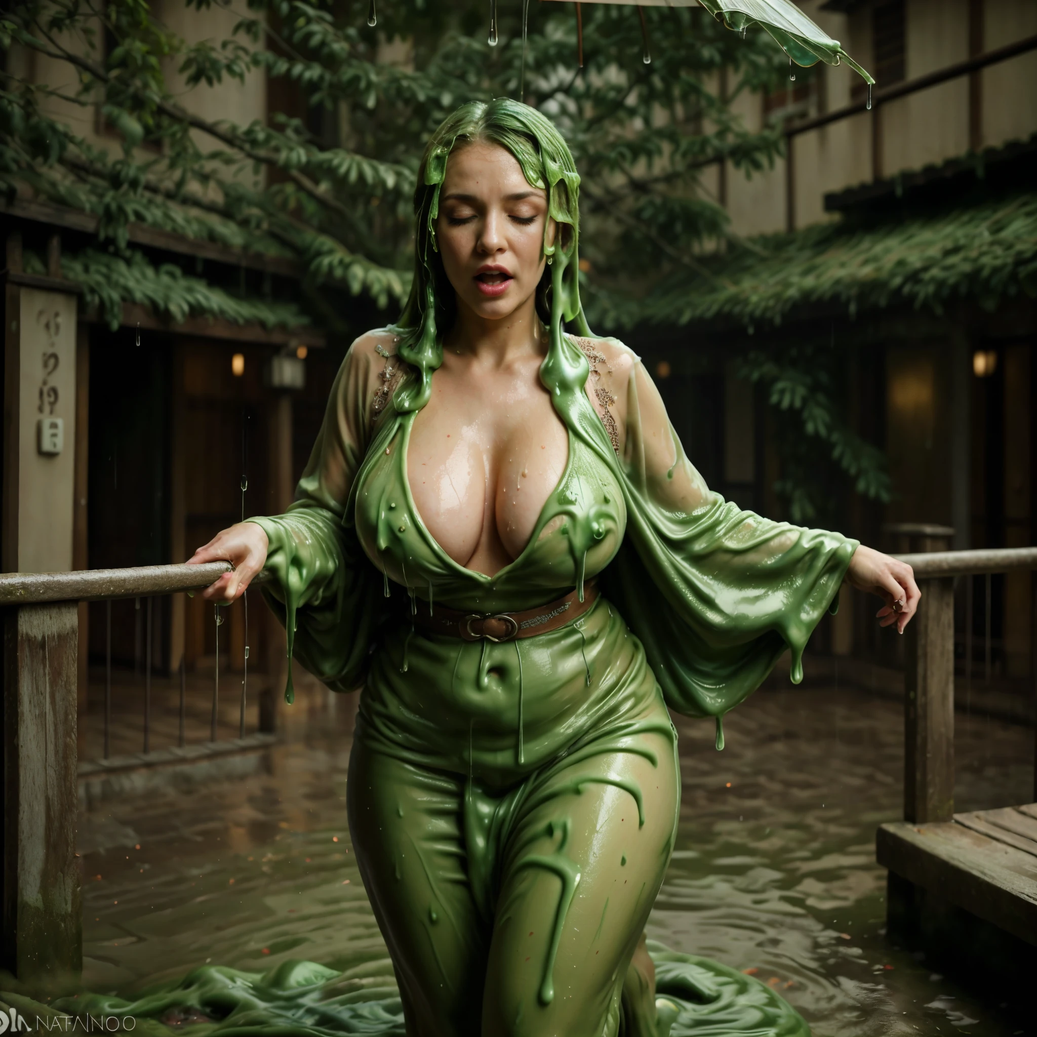 (full body shot), GreenSlimeAI, ultra high detail, [harsh flash], (bimbo) redhead woman, curvy, 60 years old, running, outside nightclub, chubby face, cheekbones, pretty, eyeshadow, blonde, (platform high-heels), lace bikini, corset, cleavage, saggy breasts, ((imperfect skin)), [wrinkles], ((perfect face)), black thigh-highs, natural breasts, (1woman:1.2), (nhjy, a woman in a kimono dress with a tree), open mouth, closed eyes, (ultra detailed skin texture, ultra detailed hair, ultra detailed lips, ultra detailed teeth, ultra detailed fingers, ultra detailed nose, real skin pores, moles on skin). (raining:1.3), (rain on face:1.2), wet body, wet face. (GreenSlimeAI), It's pouring rain. (YES NSFW). Slime on head, slime in mouth, slime on body, dark ambiance
