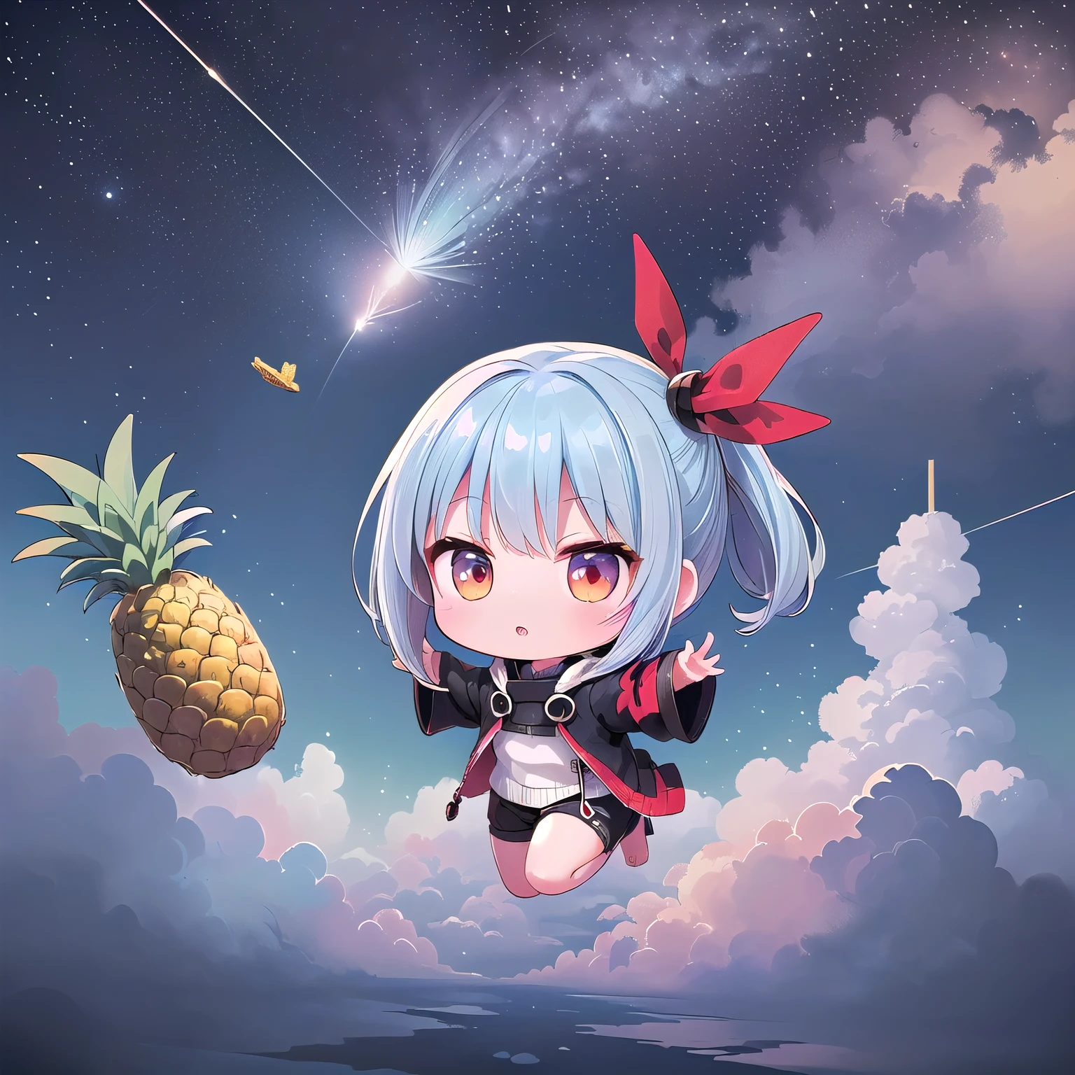 ((Chibi, Miniature, REAL, Pineapple, 3DCG, 1 girl: 1.3)), (Masterpiece, almond-shaped eyes, glossy white-blue hair, short chignon hair, top quality, meticulously drawn limbs Fingertips, warm clothes, smooth and beautiful skin: 1.3), (red cheeks, fluffy clothes,  Indifferent, expressionless,full body,: 1.2), (In Chibi Tengu's daily life, he enjoys the scenery while flying through the sky with his tiny wings. One of them is soaring high into the sky and playing through the clouds. The other Chibi Tengu are having fun creating tornadoes in the wind. The expanse of the sky colors their daily lives.:1.2),(chibi tengu feathers,night:1.3)