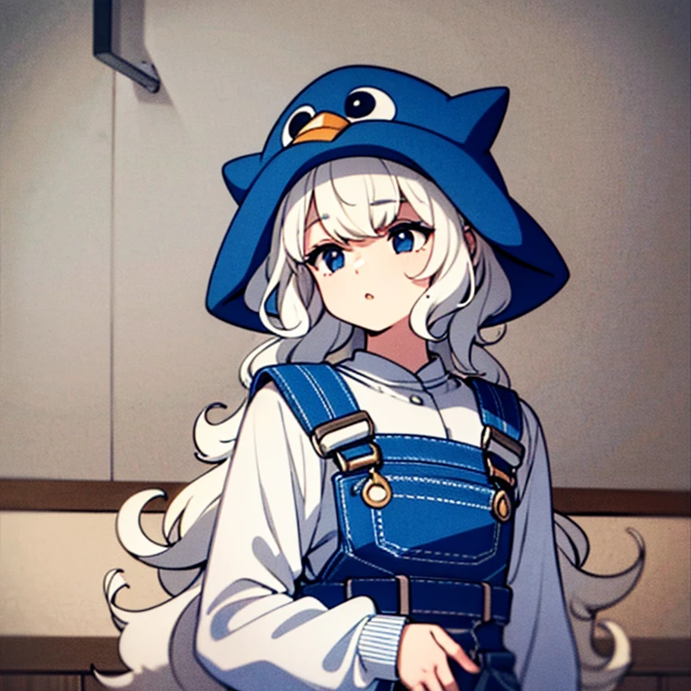 A girl with Pale white and platinum blonde curly hair and black eyes wearing a blue penguin hood/hat and light blue overalls with a striped blue and white shirt underneath and cute stars surrounding her