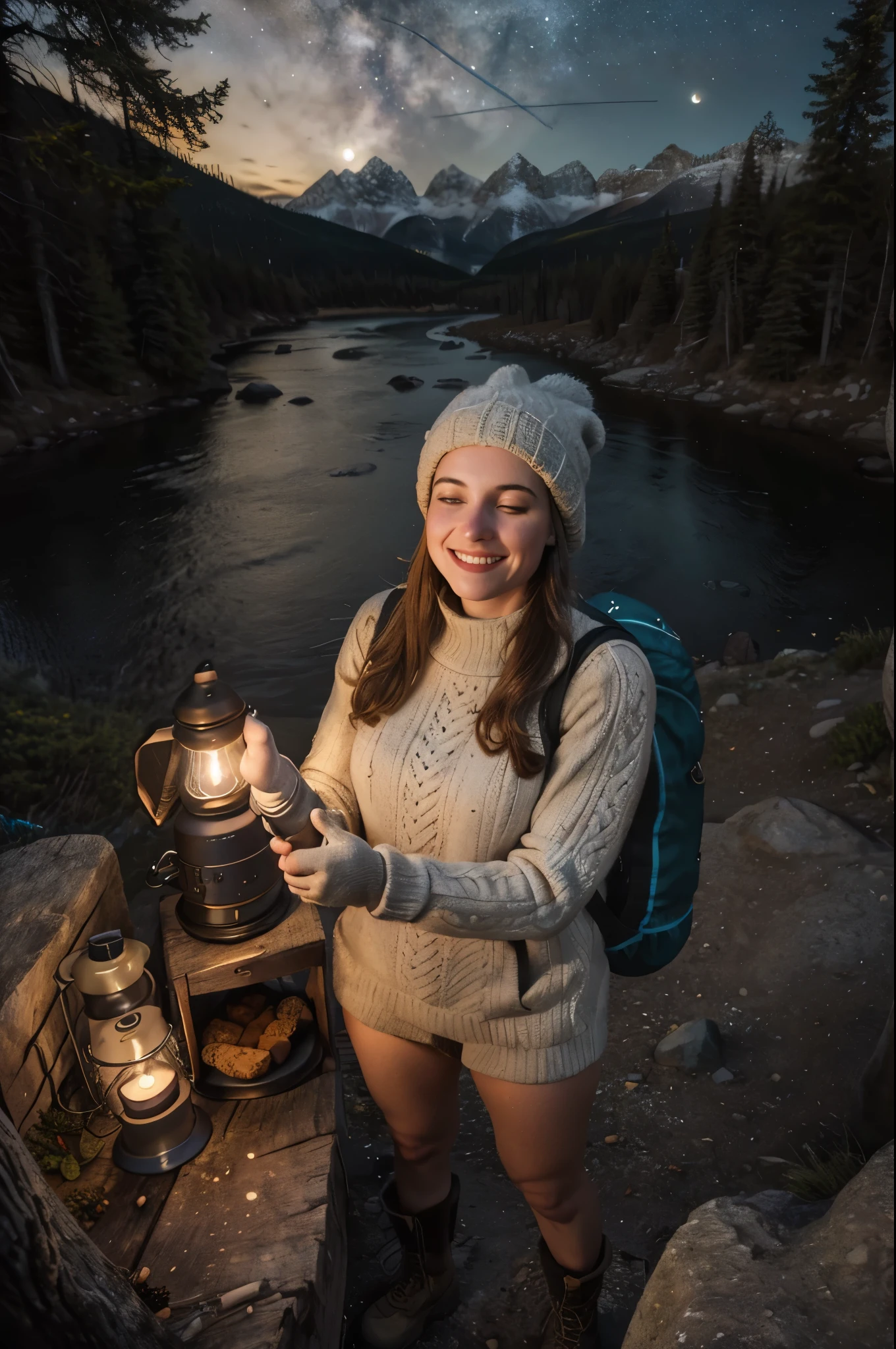 1 woman((upper body selfie, happy)), masterpiece, best quality, ultra-detailed, solo, outdoors, (night), mountains, nature, (stars, moon) cheerful, happy, backpack, sleeping bag, camping stove, water bottle, mountain boots, gloves, sweater, hat, flashlight, forest, rocks, river, wood, smoke, shadows, contrast, clear sky, analog style (look at viewer:1.2) (skin texture) (film grain:1.3), (warm hue, warm tone) :1.2), close up, cinematic light, sidelighting, ultra high res, best shadow, RAW, upper body, wearing pullover