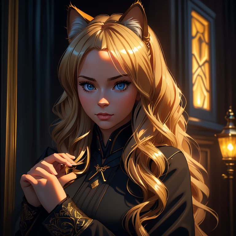 (full-length ), (Masterpiece, photorealistic, photorealism, best quality, ultra-detailed:1.3), (nice hands, perfect hands), official art, cinematic light, super cute 26 year old russian woman, cat ears, Long blonde wavy hair, in a dark theme, Russian town, background, detailed