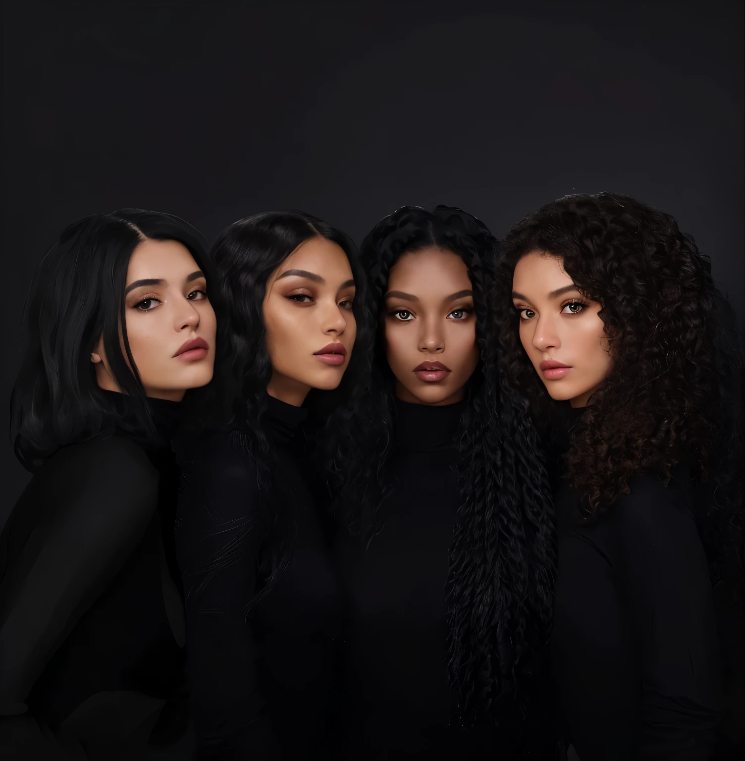4 18 year old women, all wearing a black turtleneck with long sleeves. tropical Latin girls, the first one on the left has bob hair, the second one from right to left has curly hair, the third one from right to left has broxbraid hair, the fourth one from right to left has voluminous curly hair. all four are together, photoshoot, fashion editorial, close-up on the bust and face.