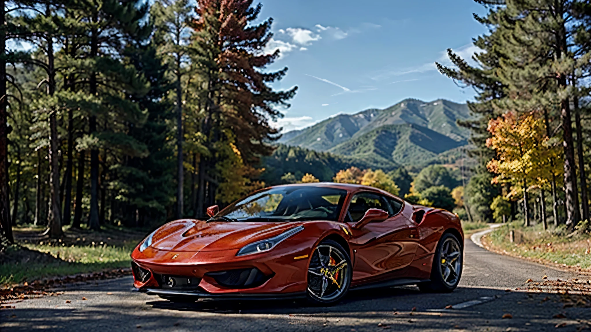 red ferrari f8 on an old asphalt, in the middle of a forest in autumn with dark orange leaves, with backgrounds with blurred mountains, with canifornia light effect in a late afternoon, ultra realistic, ultra hd 8k