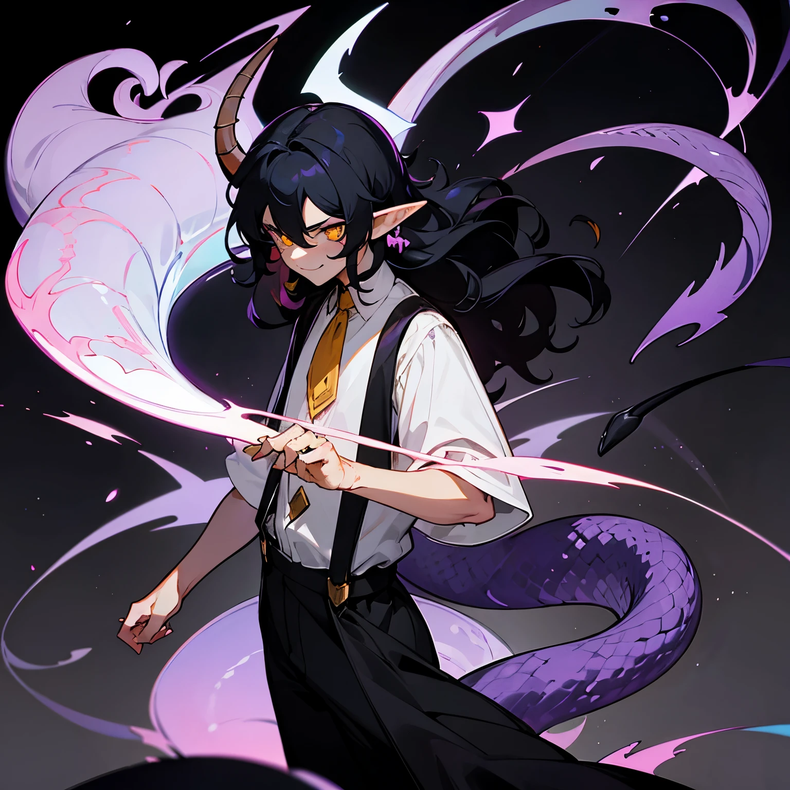 1 demon boy, ((tiefling)), LILAC SKINTONE, black hair, The limbs glow yellow, horns, narrow face, long pointed ears, elf ears, (ring in one ear), sharp claws, long snake tail, SNAKE TAIL, thick snake tail, black hair, wavy hair, short hair in front, long hair in back, white shirt with open chest, wide trousers with suspenders, cape, smirk smile, ((black background)).