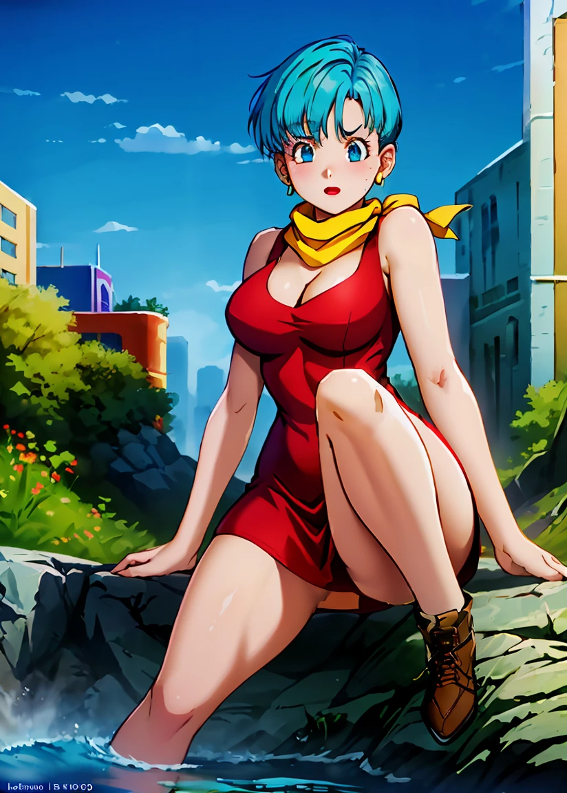 masterpiece, highest quality, highest quality, (perfect lighting), (photorealistic), perfect anatomy, perfect face, perfect eyes,
 bloomer red dress, Aquamarine hair, short hair, blue eyes, earrings, red dress, yellow scarf, blue sky, cloud, On a cliff overlooking the city, (beautiful girl mom:1.5), very tight red dress, legs open, ((huge breasts, cleavage))), ((thick thighs, hourglass illustration)), (topless), (topless), 1.5) ((Chunky red lips), (blue eyes)), (( Aquamarine hair)) photorealistic, photograph, masterpiece, realistic, realism, photorealism, photorealism, high contrast, photorealistic digital art trend in art station 8k hd hd realistic detaileds, detailed, skin texture, ultra detailed, realistic skin texture, highest quality, ultra High resolution (photorealistic: 1.4), High resolution, detailed, 生photograph, Shapuri, Written by Lee Jefferies Nikon D850 Film Stock Photo 4 Kodak Portra 400 Camera F1.6 Lens Rich colors Realistic textures Ultra-realistic Dramatic lighting Unrealistic Art Station Engine Trends CineStill 800, live action