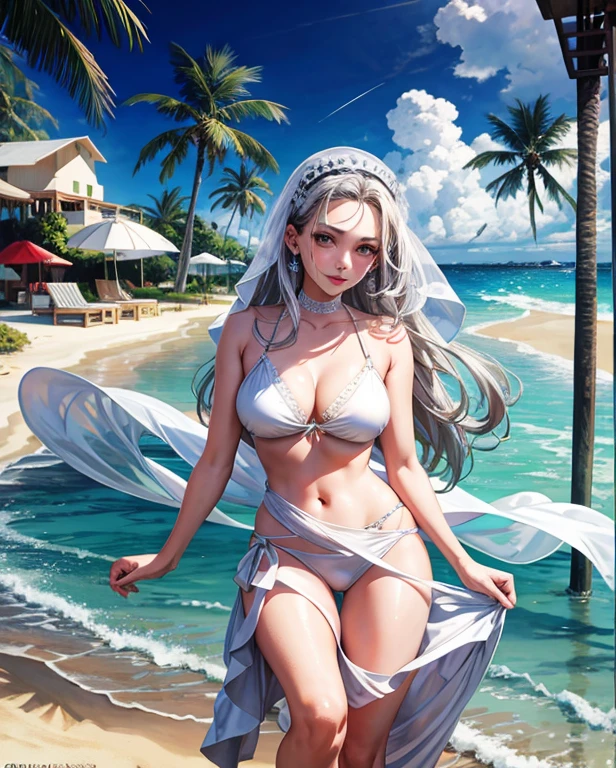 araffe woman in a white dress standing on a beach, violet myers, andrea rocha, marischa becker, looks like fabiula nascimento, fernanda suarez, 30-year-old woman from cuba, lorena avarez, alanis guillen, sexy girl, gorgeous lady, stunning woman, bikini model, white silver bikini
