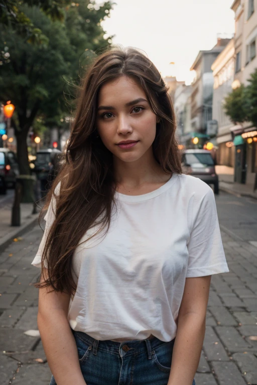 masterpiece, best quality, RAW photo , Laurence Bush Marina Haley, brown eyes, brown hair, lipstick, smile, long hair, detailed skin texture,  (blush:0.5), wearing a tshirt and jeans, 8k, uhd, sflr, soft lighting, high quality, film grain, Fujifilm XT3, hyper realistic, detailed, empty City street in background, beautiful, thai, elegant,photorealistic,high resulution,8K, best quality, detailed shadows, raytracing, bokeh, depth of field, wind 0:5, detailed hair, beautiful face, beautiful girl, ultra detailed eyes, realistic skin,, intricate tree shadows, normal skin, ultra detaield hair, perfekt hair detail,pores, thin  face, wind:0.1, sharp, nikon, 85mm f/1.4, 15mm, 35mm, ultra detailed hair, perfect hair, ultrarealistic:1.5, high contrast, agne