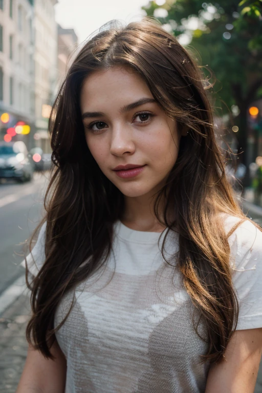 masterpiece, best quality, RAW photo , Laurence Bush Marina Haley, brown eyes, brown hair, lipstick, smile, long hair, detailed skin texture, (blush:0.5), wearing a tshirt and jeans, 8k, uhd, sflr, soft lighting, high quality, film grain, Fujifilm XT3, hyper realistic, detailed, empty City street in background, beautiful, thai, elegant,photorealistic,high resulution,8K, best quality, detailed shadows, raytracing, bokeh, depth of field, wind 0:5, detailed hair, beautiful face, beautiful girl, ultra detailed eyes, realistic skin,, intricate tree shadows, normal skin, ultra detaield hair, perfekt hair detail,pores, thin face, wind:0.1, sharp, nikon, 85mm f/1.4, 15mm, 35mm, ultra detailed hair, perfect hair, ultrarealistic:1.5, high contrast, agne