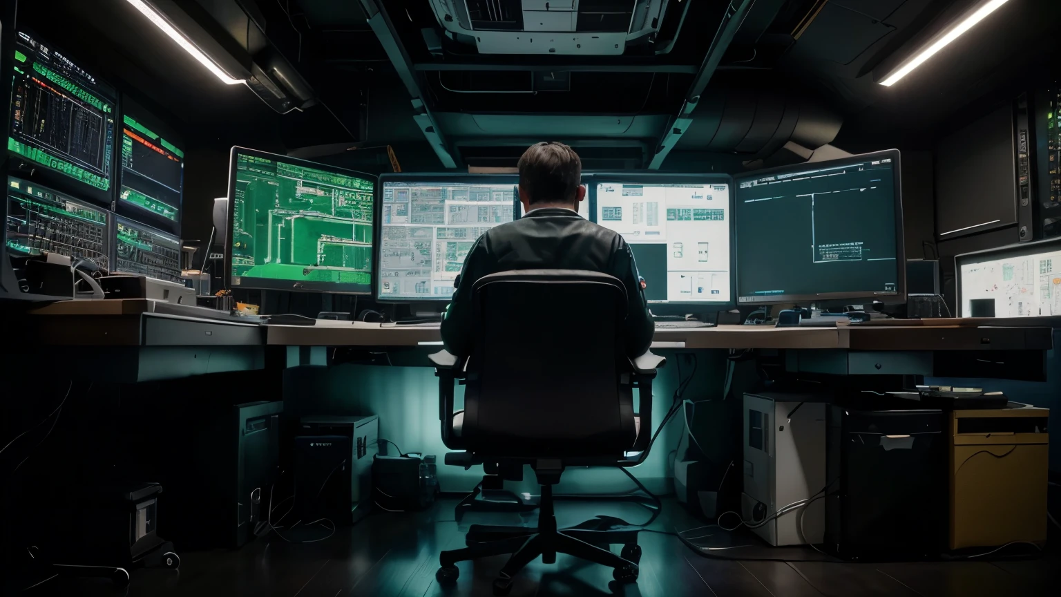 the programmer is sitting in a chair, working at his workplace, which is similar to the environment in the space flight control center, his workspace is surrounded by many monitors of different sizes, some stand on the table, others hang on console stands, on the monitors there are lines of command code in green on black background, on others - rectangles of different colors, on the left and right on the tables - keyboards, mice and laptops, nearby - many PC system units and microelectronics boards connected to each other by wires and cable buses, Cyberpunk style, many small details, complex engineering structures , photorealistic, ultra HD, realistic, vibrant colors, high detail, perfect composition, beautifully detailed complex, insanely detailed octane rendering, 8k artistic photography, photorealistic concept art, soft natural volumetric cinematography, perfect light,