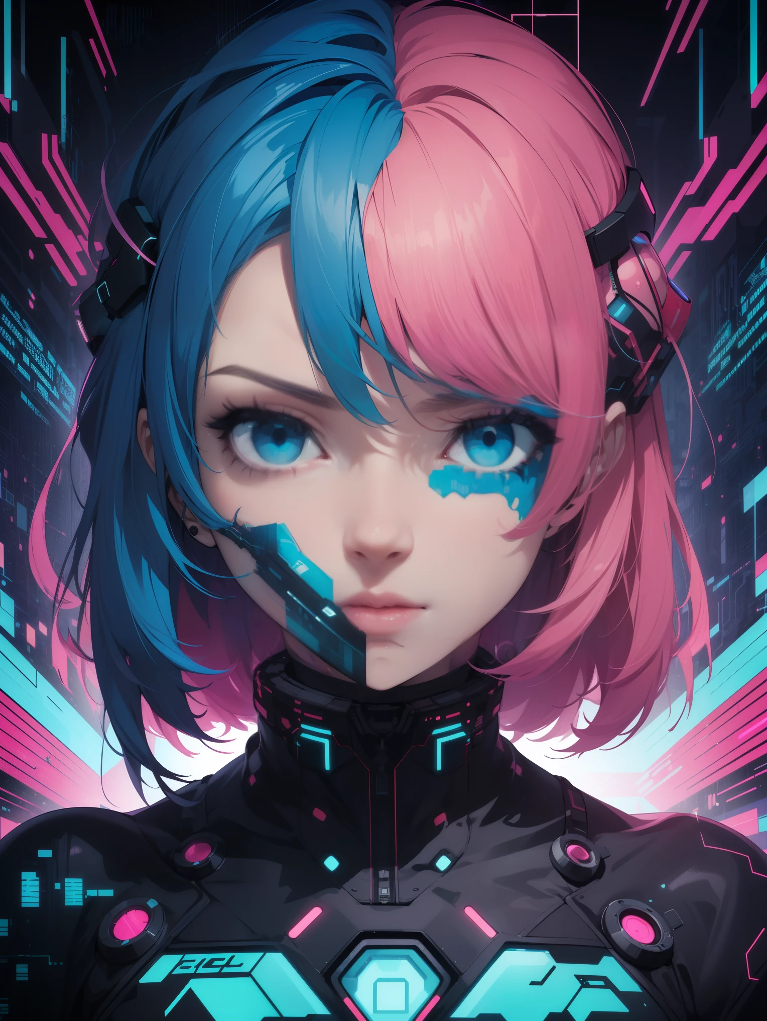 solo, 1girl, ((portrait)), (electric pink hair), (electric blue eyes), ((Cyber punk outfit)), (symmetrical eyes), (Perfect face), (Perfect Anatomy), (looking at viewer), (cyber shot), ((Glitch Art background)), (glitch art:1.6) ((glitch effect)), (8k), (HD), (Cinematography)