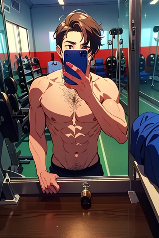 masterpiece, best quality, game cg, 1boy, solo, male focus, looking at viewer, upper body, bakugo katsuki, yellow longhair, extremely detailed tight_red_eyes, rushirtless, toned muscle, pectorals, 8 abs, toned legs, boxer briefs, slightly bulges, locker room, taking selfie, holding cellphone --auto --s2