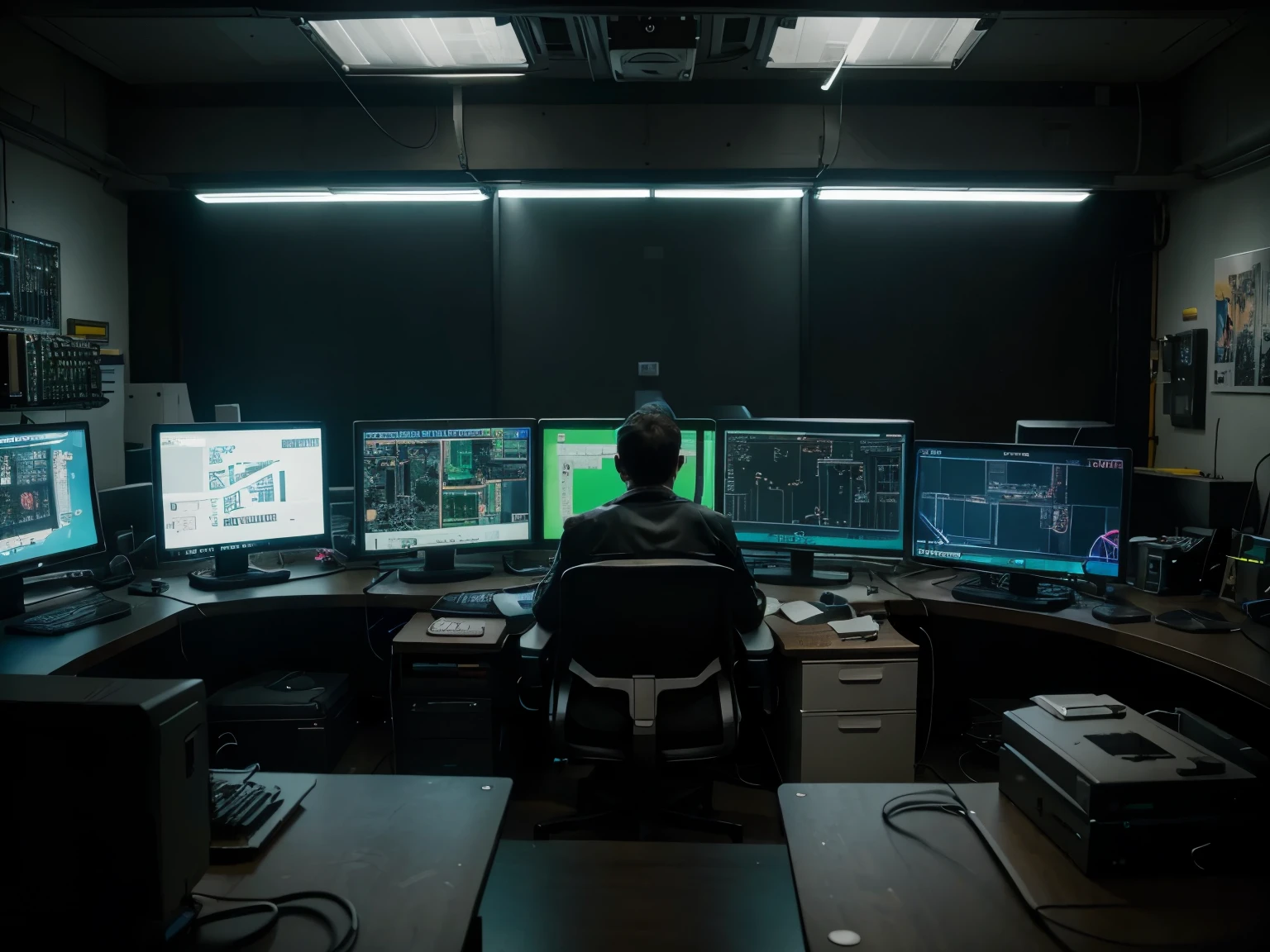 the programmer is sitting in a chair, working at his workplace, which is similar to the environment in the space flight control center, his workspace is surrounded by many monitors of different sizes, some stand on the table, others hang on console stands, on the monitors there are lines of command code in green on black background, on others - rectangles of different colors, on the left and right on the tables - keyboards, mice and laptops, nearby - many PC system units and microelectronics boards connected to each other by wires and cable buses, Cyberpunk style, many small details, complex engineering structures , photorealistic, ultra HD, realistic, vibrant colors, high detail, perfect composition, beautifully detailed complex, insanely detailed octane rendering, 8k artistic photography, photorealistic concept art, soft natural volumetric cinematography, perfect light,