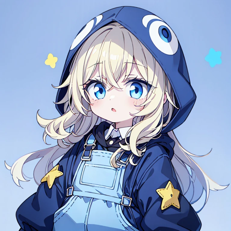 A girl with pale white skin and long light blonde curly hair and black eyes wearing a blue penguin hood and light blue overalls with a striped blue and white shirt underneath and cute light yellow stars surrounding her