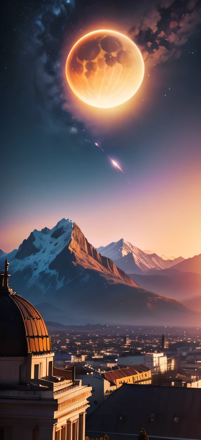 una preciosa puesta de sol, se empieza a ver la via lactea, very distant mountains, penumbra
