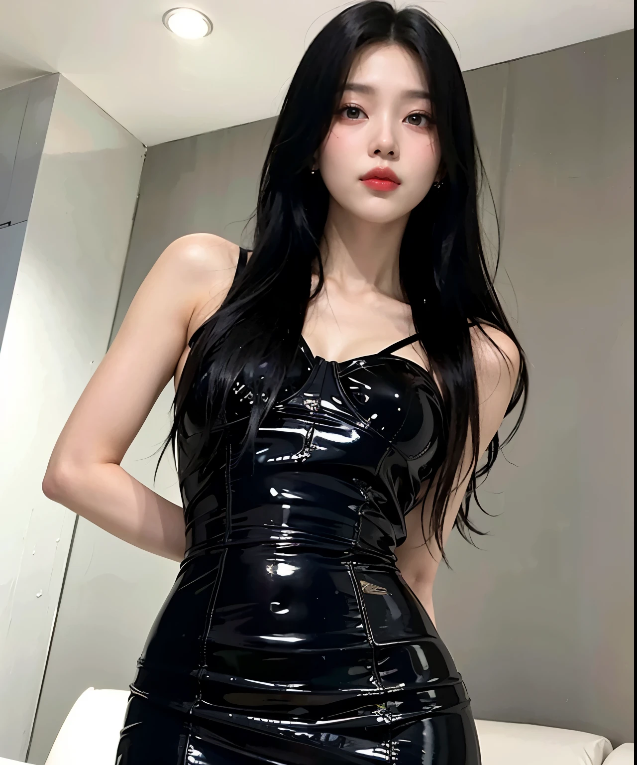 araffe woman in a black dress posing for a picture, cruel korean goth girl, shiny black dress, wearing black latex outfit, black leather slim clothes, sexy dress, jisoo from blackpink, she is wearing a black dress, latex dress, korean girl, wearing atsuko kudo latex outfit, gorgeous young korean woman, latex shiny, jisoo of blackpink, yeojin loona