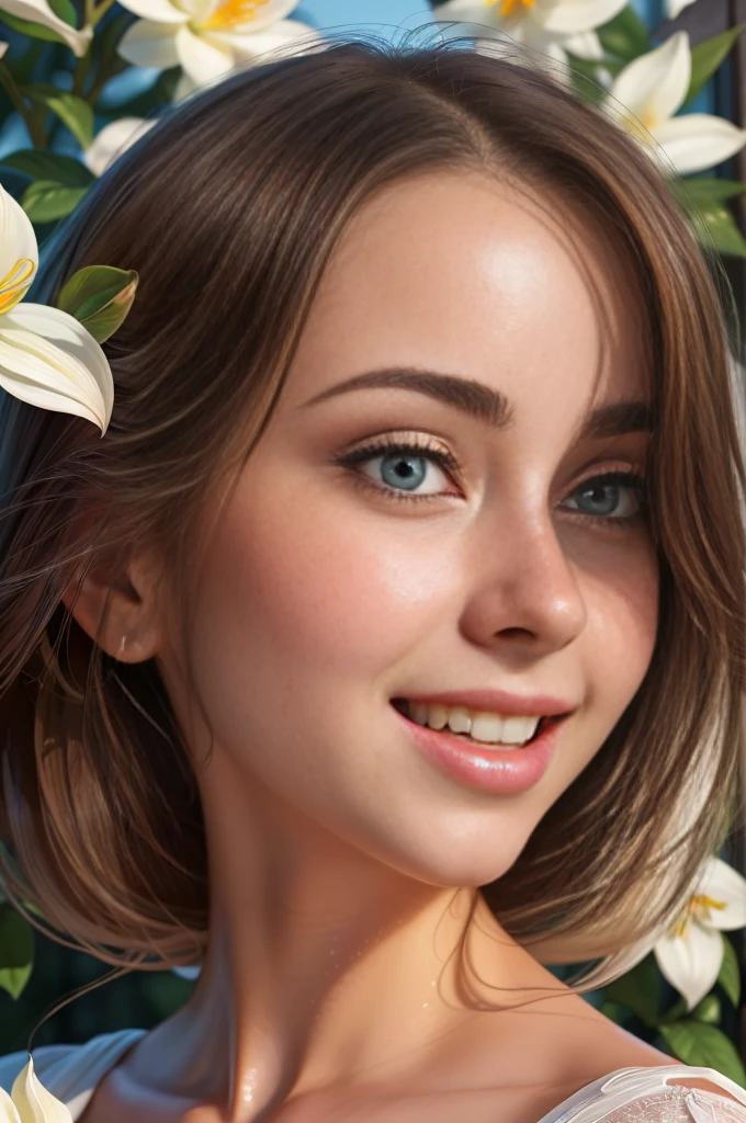 A girl nestled among the blooms of a serene garden, bathed in soft color tones that dance on her petal-kissed skin. Her eyes, a breathtaking masterpiece: 1.2, boast extremely detailed獲den sobre as pálpebras, long and lustrous lashes fanning out, and exquisitely defined pupils. Her lips, ultra-detailed and lusciously painted, part slightly, revealing perfectly aligned, pearly white teeth. Her face, rendered in ultra-fine painting, displays intricate pores, symmetrical features, and lifelike textures, bringing her to life under the studio lighting. The HDR, UHD image is